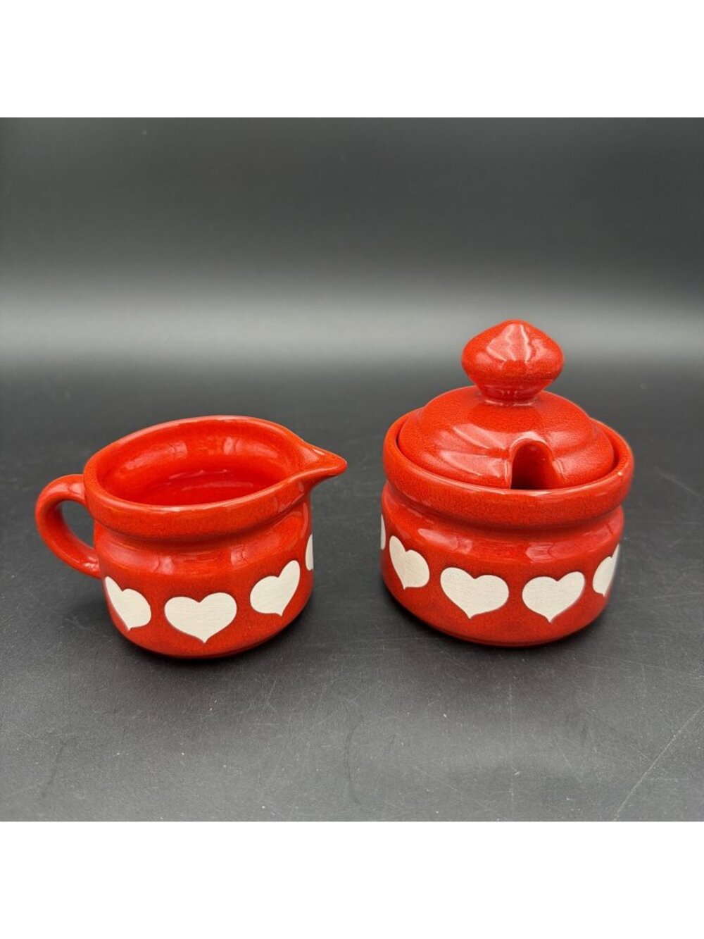 Vintage Waechtersbach West German Covered Sugar Bowl & Creamer Red White Hearts